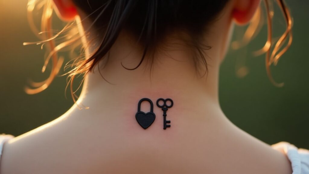Small symbolic tattoo of a lock and key symbolizing trust, love, and deep emotional connection.