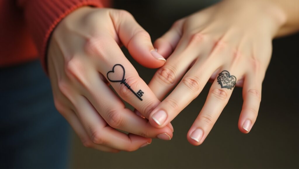 Tiny lock and key finger tattoo ideas on finger representing trust, love, and connection in relationships.