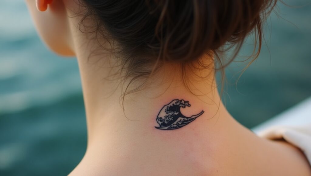 Small symbolic tattoo of a wave symbolizing flow, peace, and emotional balance.