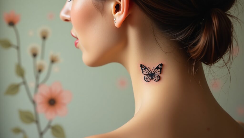 Small symbolic tattoo of a butterfly representing transformation, beauty, and inner strength