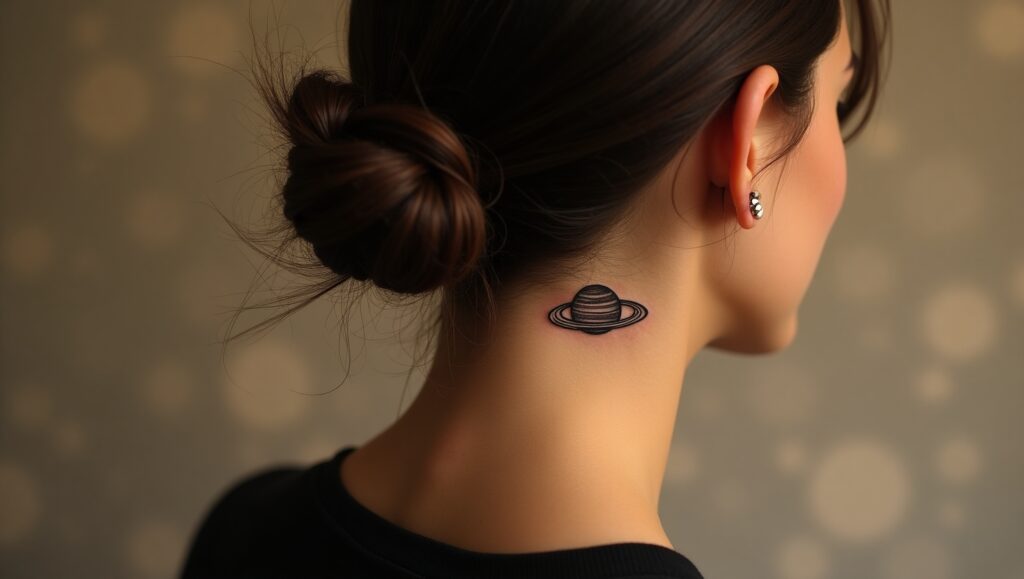 Small symbolic tattoo of planet Saturn representing discipline, karma, growth, and cosmic timing.