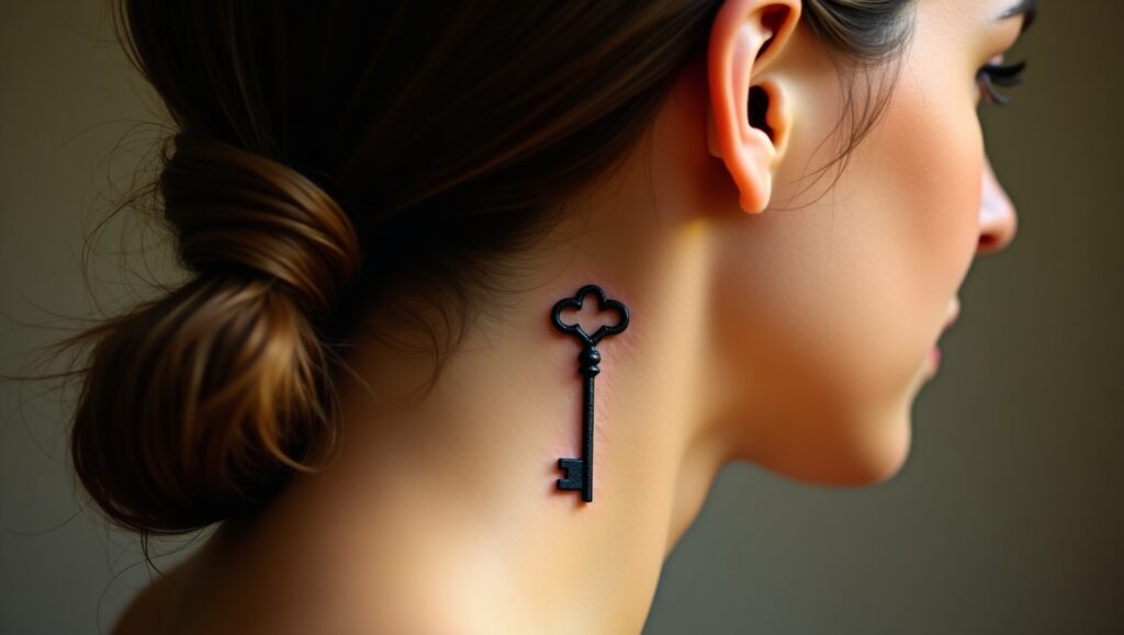 Small symbolic tattoo of a key representing opportunity, freedom, and unlocking personal growth.