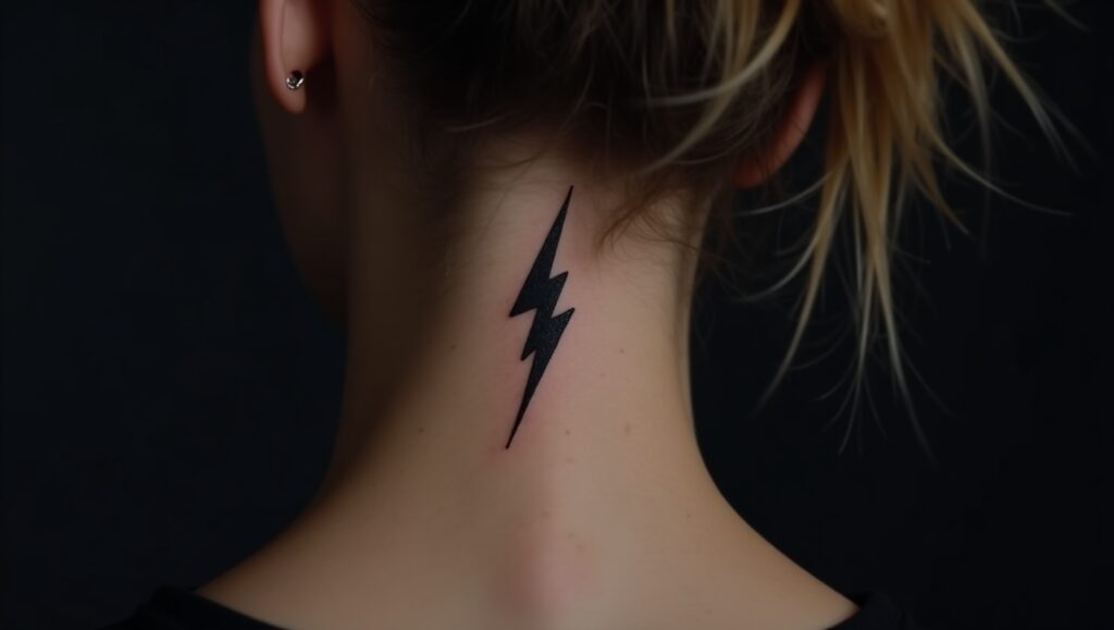 Small symbolic tattoo of a lightning bolt symbolizing power, sudden transformation, and raw energy.