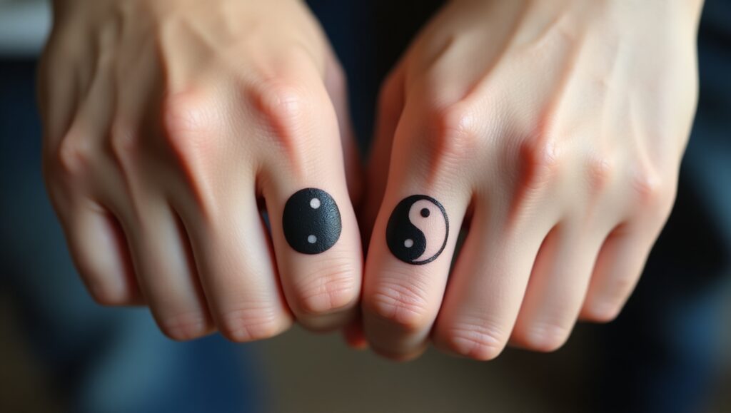 Yin and yang symbol finger tattoo ideas on finger representing balance, harmony, and spiritual love.
