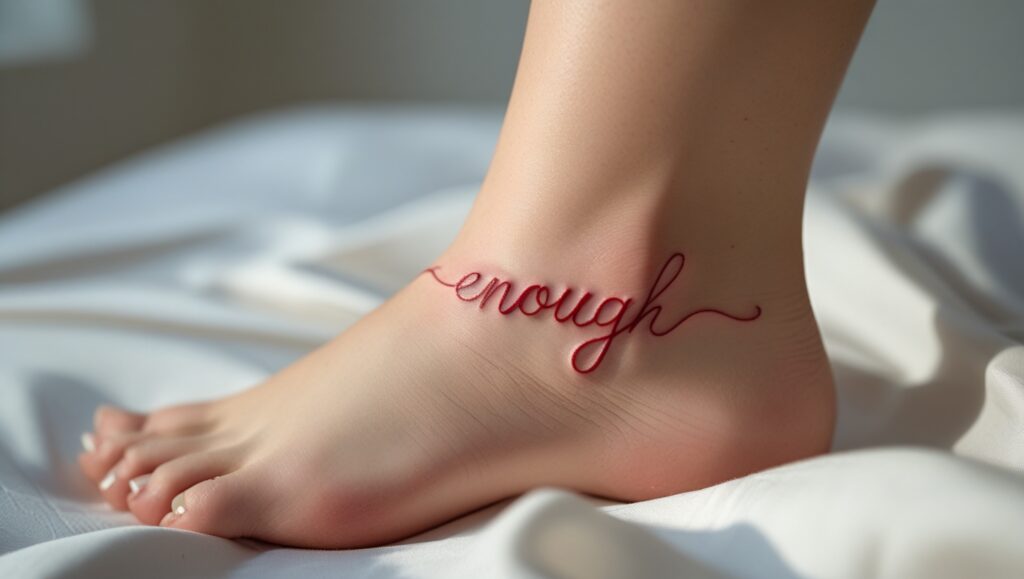 small Red Script ankle tattoo 