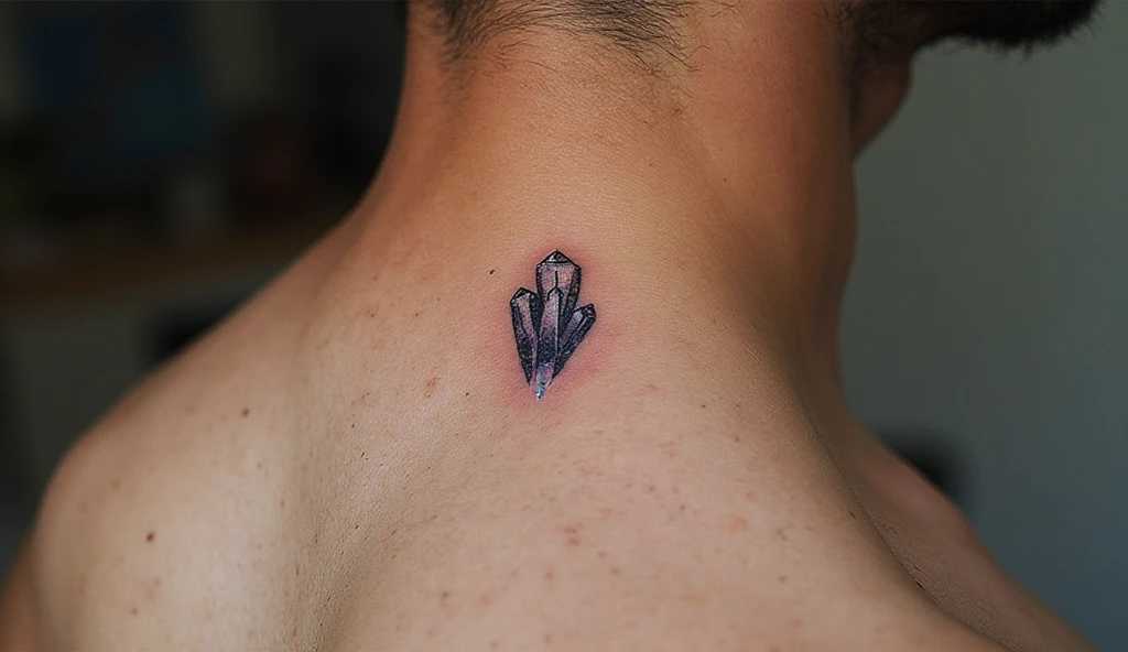 Tiny crystal cluster spiritual tattoo on side neck symbolizing healing, purity, and positive energy.