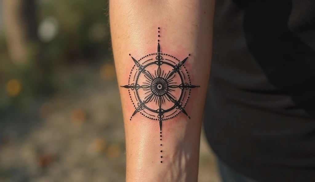 Karma wheel spiritual tiny tattoo on wrist symbolizing destiny, life cycles, and spiritual truth.