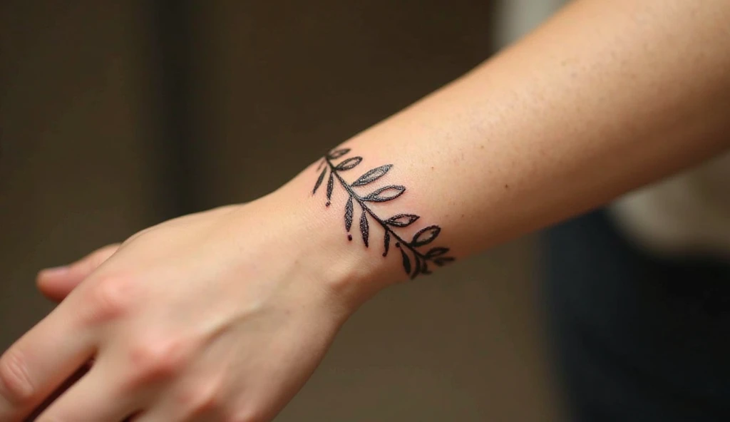 Olive branch curve spiritual tiny tattoo on wrist representing peace, growth, and higher wisdom.