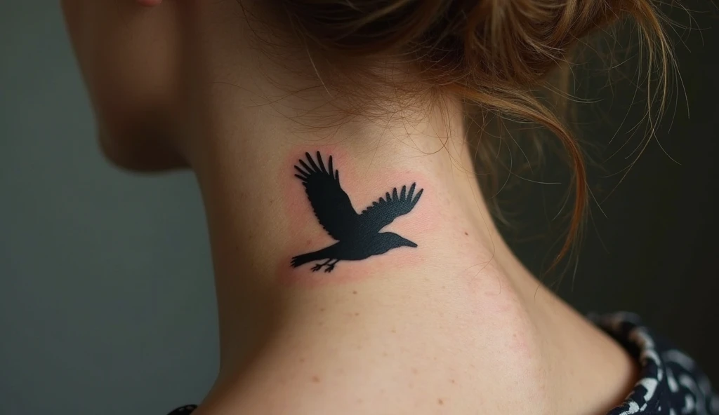 Flying crow silhouette spiritual tiny tattoo on side neck  symbolizing freedom, transformation, and deep intuition.