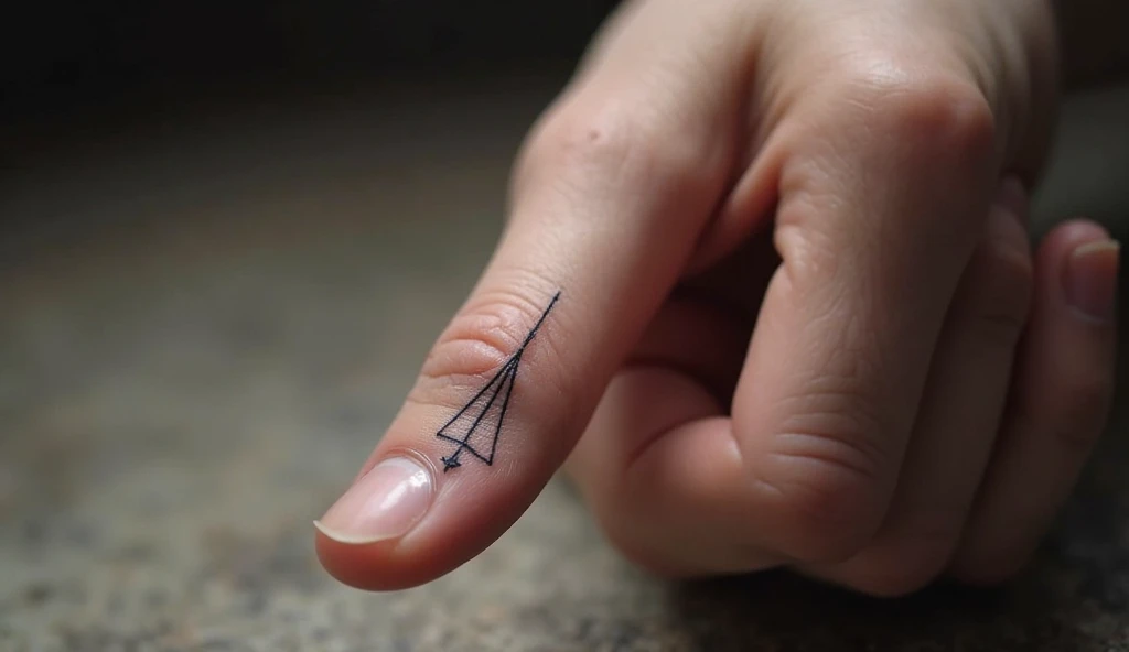 Alchemical symbol for air or spirit tiny tattoo on fingure representing clarity, breath, and spiritual awakening.