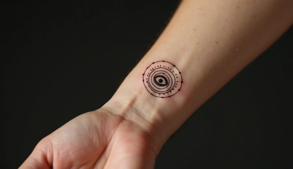 Eye in a spiral spiritual tiny tattoo on wrist symbolizing protection, awareness, and spiritual vision.