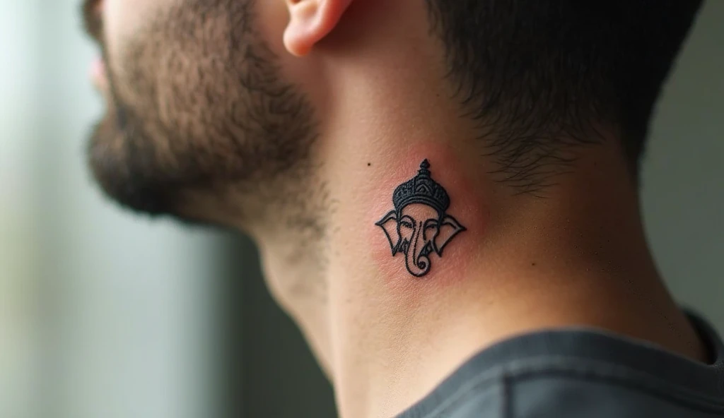 Tiny Ganesha head spiritual tattoo on side neck symbolizing wisdom, luck, and removal of obstacles.