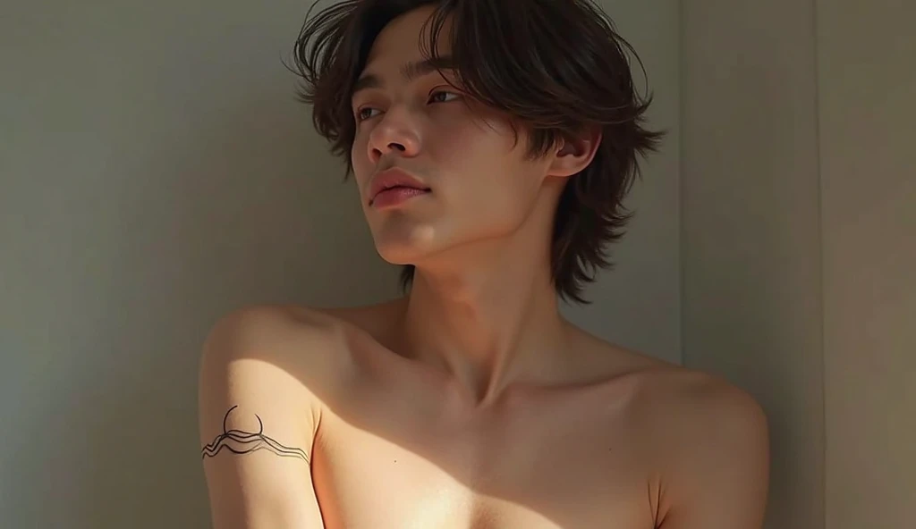 Half moon with waterline spiritual tiny tattoo on upper arm symbolizing balance, mystery, and inner cycles.
