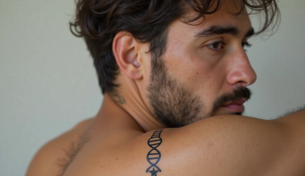 DNA spiral with tiny star spiritual tiny tattoo on upper arm  representing life, destiny, and universal connection.