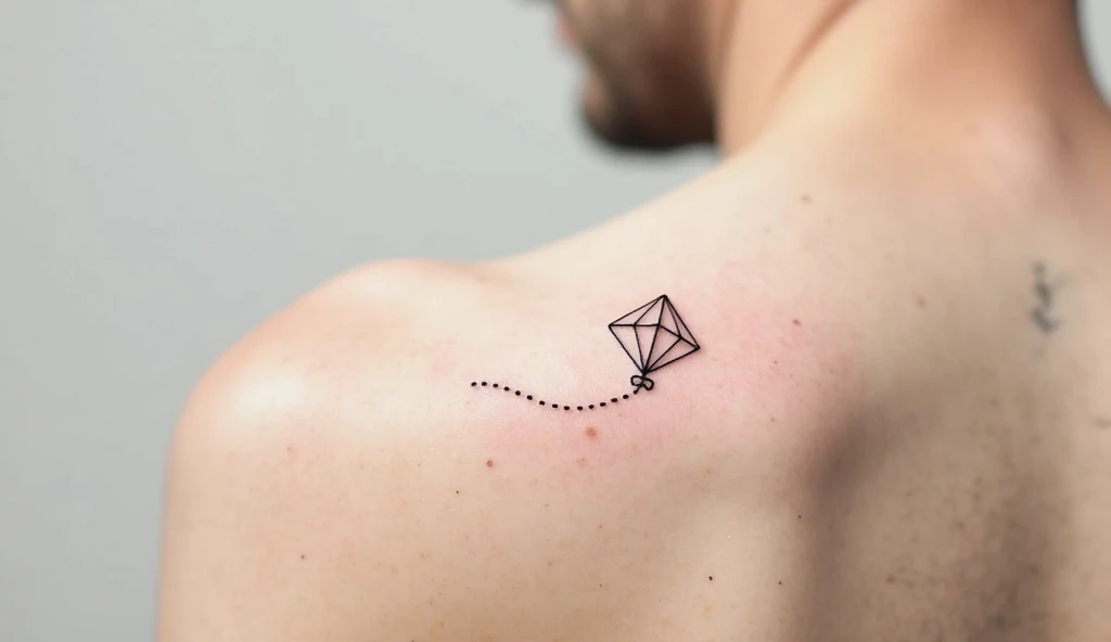 Shoulder minimalist tattoo of a tiny origami kite representing freedom, joy, and letting go of heavy burdens.