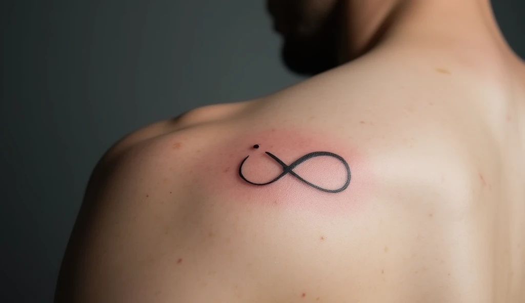 Shoulder minimalist tattoo of a one-line infinity loop with a dot symbolizing growth, balance, and grounding identity.