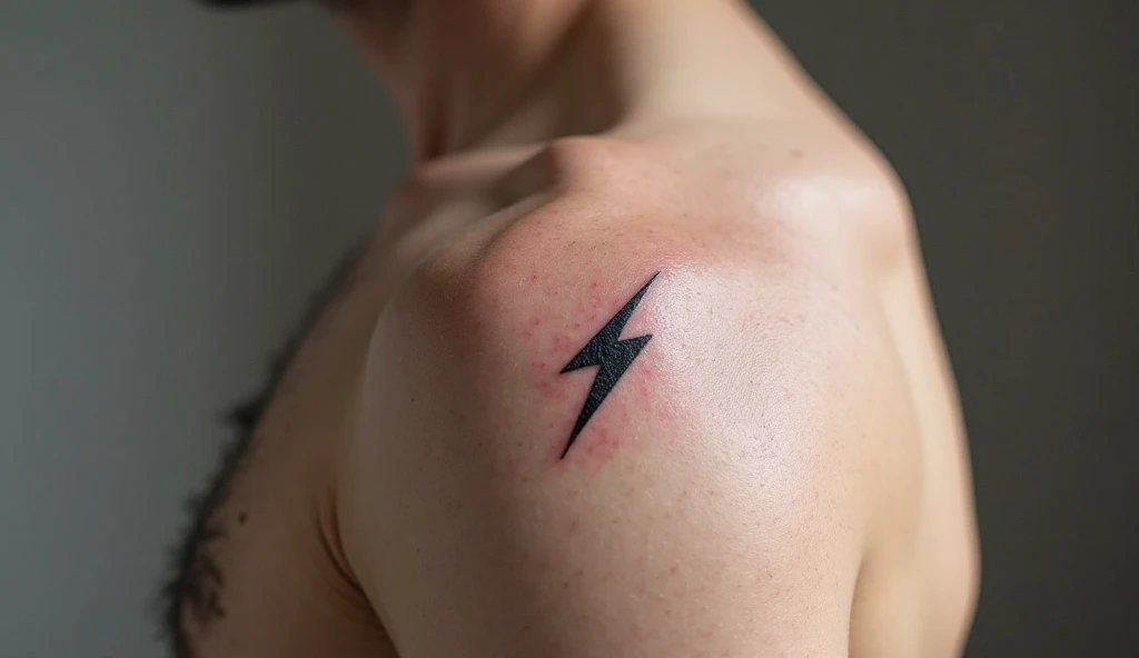 Shoulder minimalist tattoo of a hollow lightning spark representing inner power, control, and silent energy.