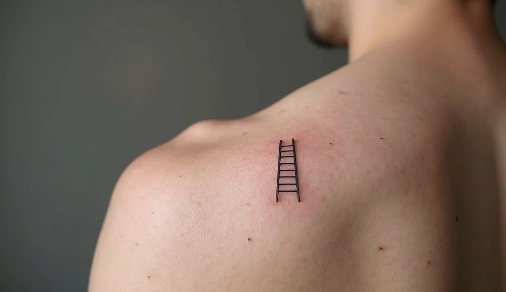 Shoulder minimalist tattoo of a crooked ladder symbolizing resilience, imperfect progress, and personal growth.