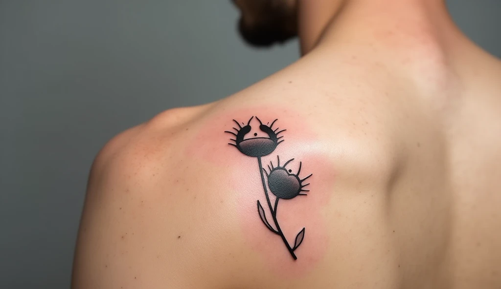 Shoulder minimalist tattoo of a Venus flytrap silhouette representing hidden strength, boundaries, and quiet power.