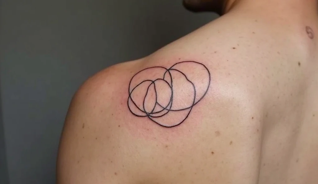 Shoulder minimalist tattoo of two intersecting echo rings symbolizing deep connection, shared energy, and lasting impact.