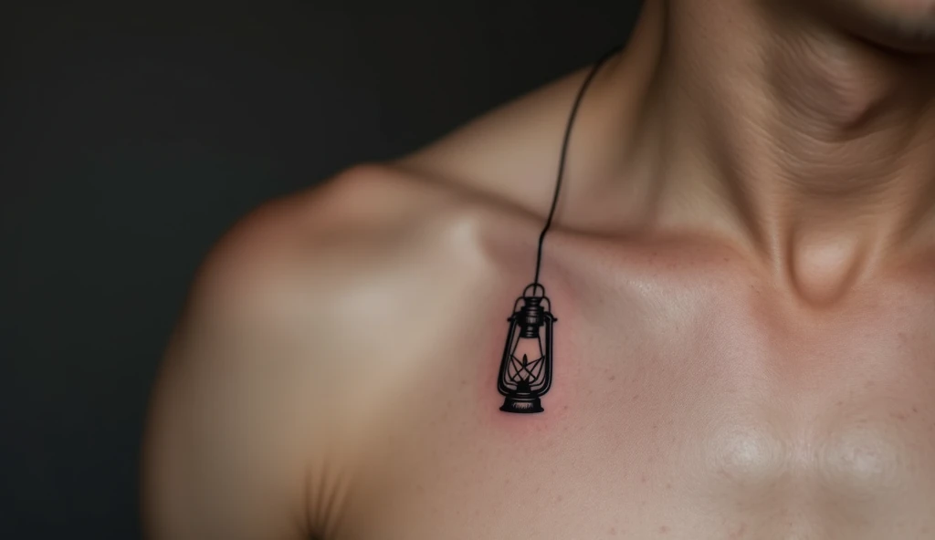 Shoulder minimalist tattoo of a hanging lantern symbolizing inner light, hope, and guidance during dark times.
