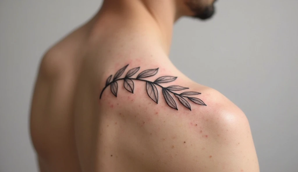 Shoulder minimalist tattoo of a curling olive branch representing peace, forgiveness, and emotional maturity.