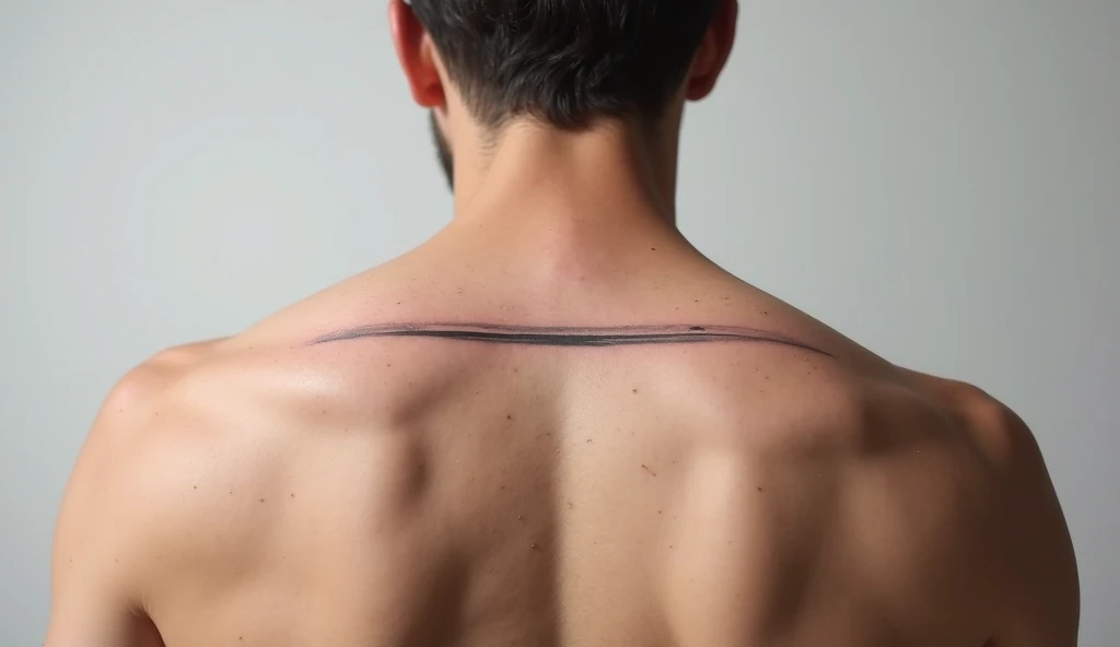 Shoulder minimalist tattoo of a hazy horizon line symbolizing stillness, balance, and clarity for the future.