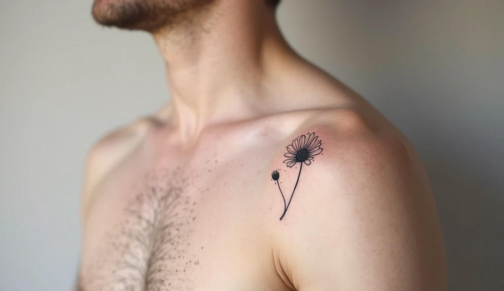 Shoulder minimalist tattoo of a half-bloom flower with no stem representing growth, transformation, and beauty in progress.