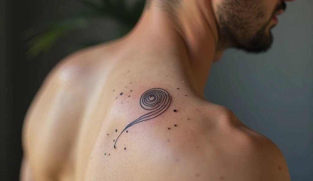 Shoulder minimalist tattoo of a spiral comet trail symbolizing direction, movement, and trusting the journey.