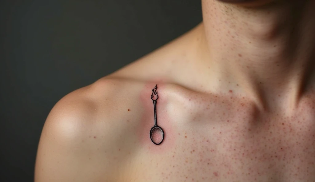 Shoulder minimalist tattoo of a spoon and flame symbolizing nourishment, passion, and balance between body and soul.