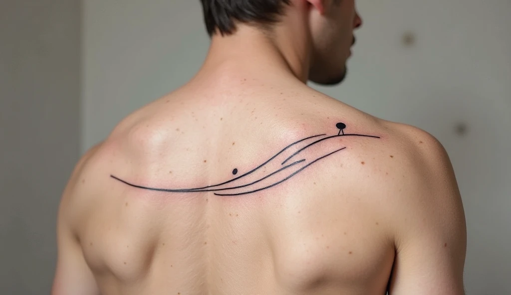 Shoulder minimalist tattoo of a wavy line cradling a dot representing support, universal energy, and surrender to flow.