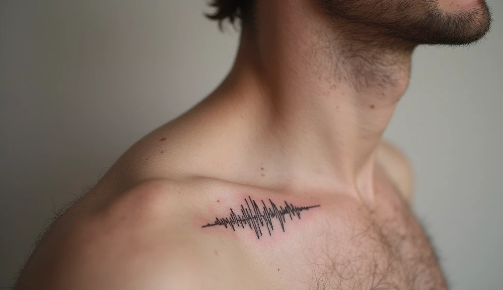 Shoulder minimalist tattoo of a fading soundwave representing memory, connection, and the echo of a loved voice.