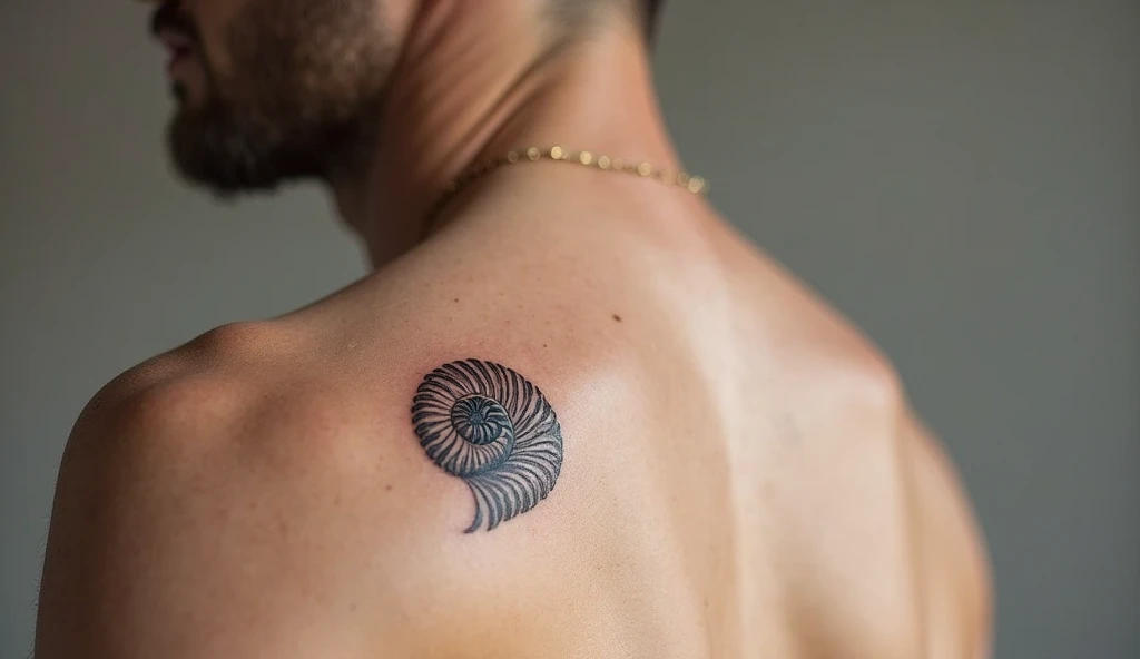 Shoulder minimalist tattoo of an outlined fossil shell symbolizing time, personal evolution, and hidden beauty.