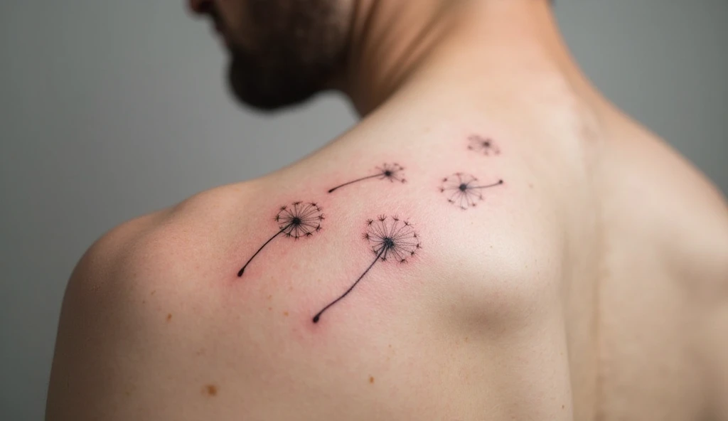 Shoulder minimalist tattoo of a dandelion puff with no stem representing letting go, surrender, and freedom.