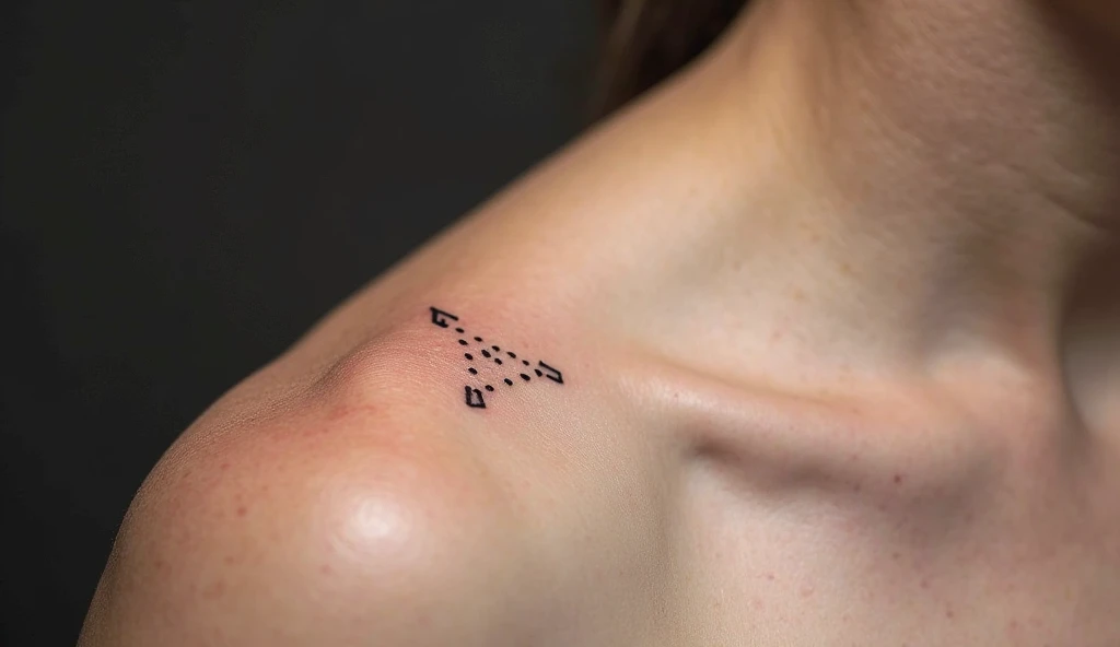 Shoulder minimalist tattoo of three dots forming a triangle symbolizing harmony of mind, body, and soul.