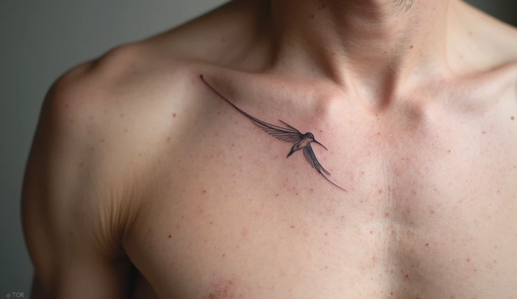 Shoulder minimalist tattoo of a hummingbird wing stroke symbolizing grace, motion, and quiet strength.