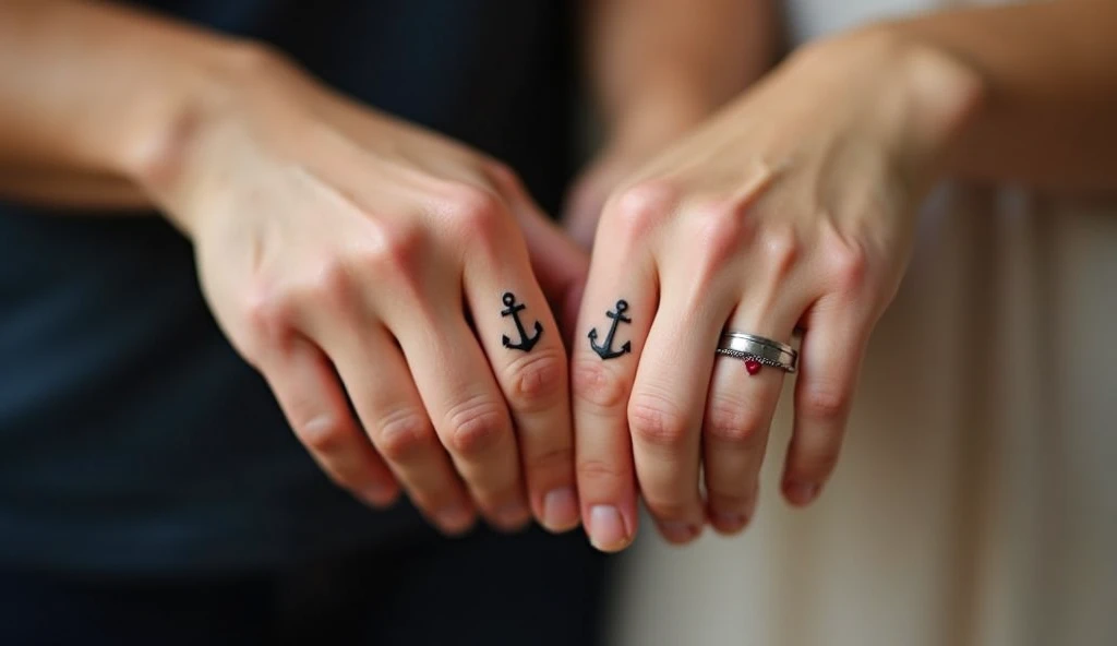 Tiny anchor finger tattoo ideas on finger representing stability, grounding, and secure love.