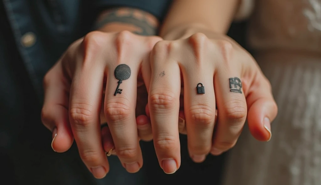 Lock and fingerprint key finger tattoo ideas on finger representing uniqueness, intimacy, and trust.