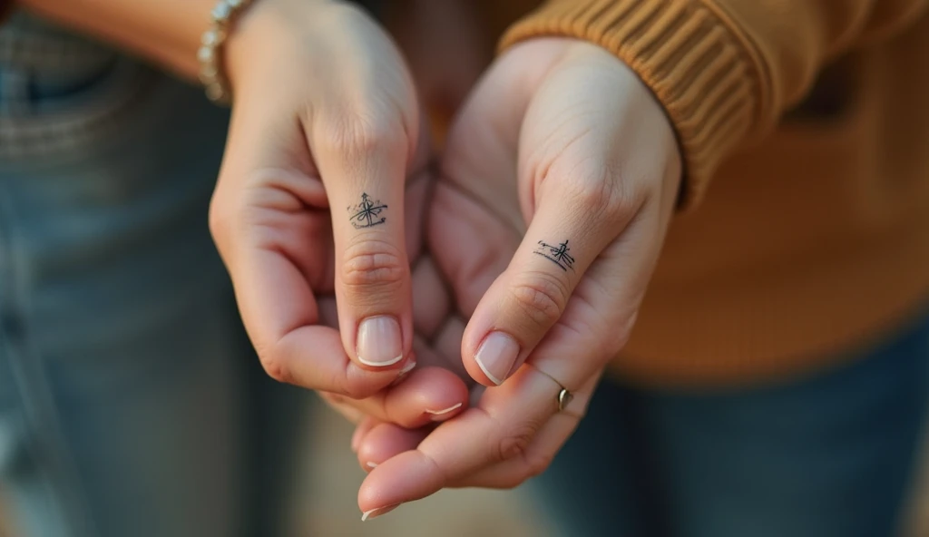 Tiny compass arrows finger tattoo ideas on finger representing direction, destiny, and guided love