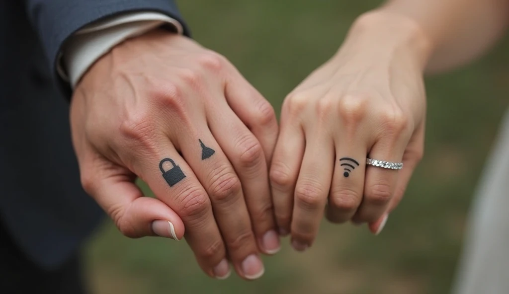 Lock and Wi-Fi symbol finger tattoo ideas on finger representing modern love and secure connection.