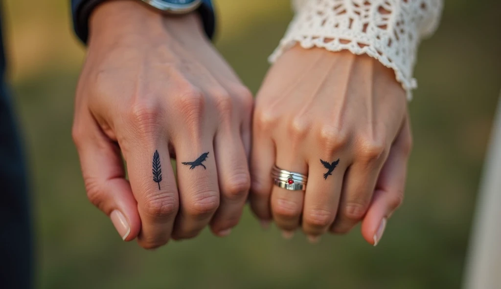Feather and bird finger tattoo ideas on finger symbolizing freedom, harmony, and shared journey.