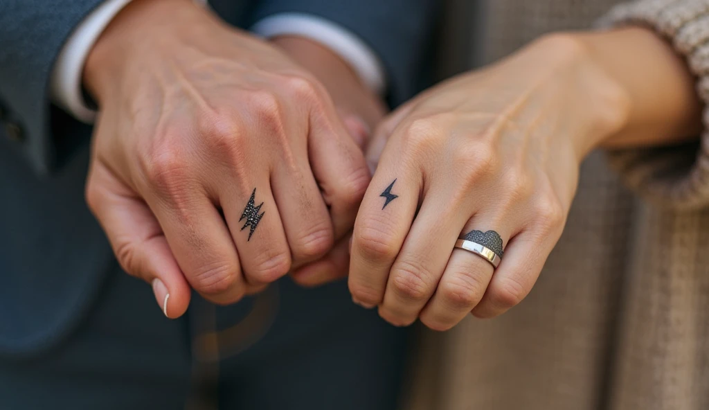 Tiny lightning bolt and cloud finger tattoo ideas on finger representing passion, energy, and love through storms.