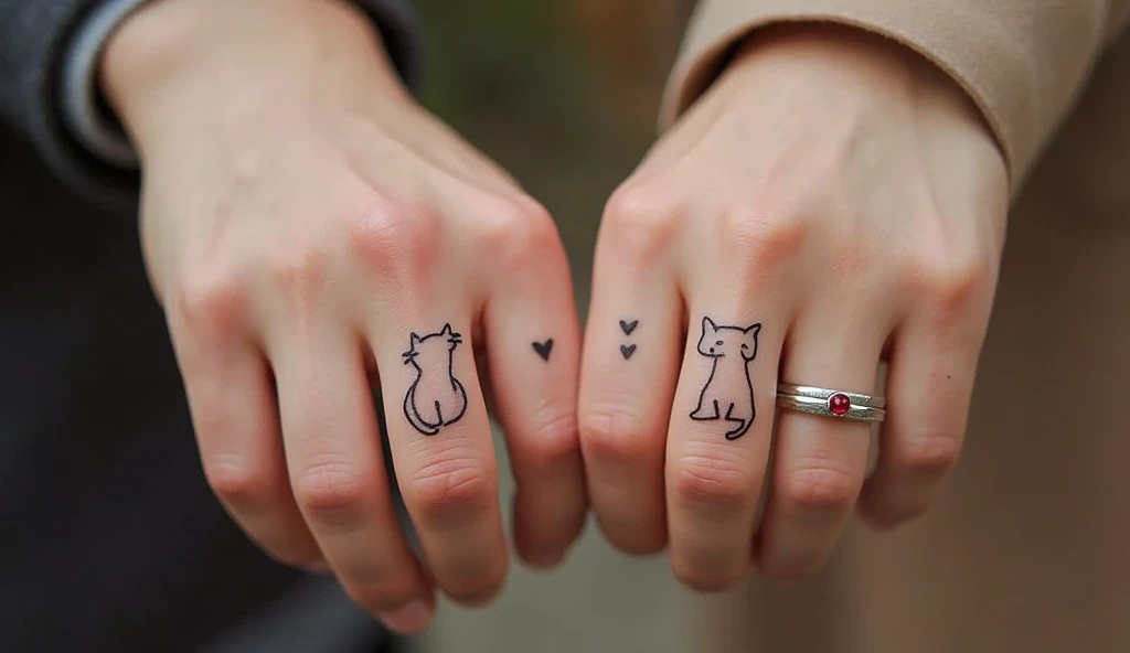 Tiny cat and dog finger tattoo ideas on finger representing playfulness, balance, and unique bond.