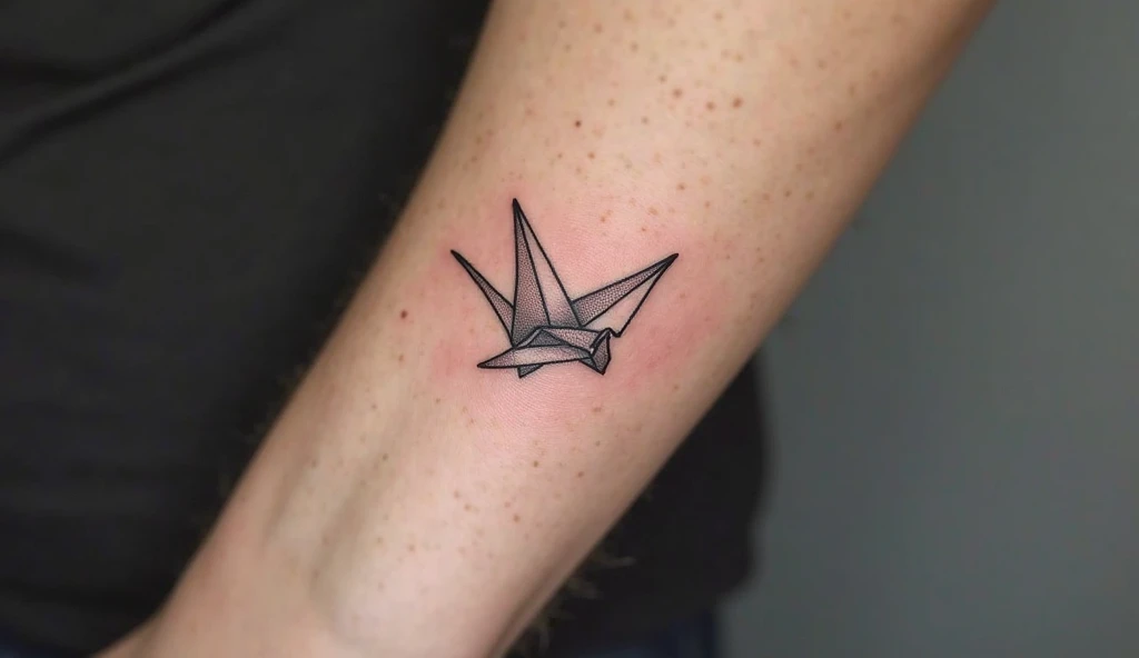 A tiny origami crane tattoo symbolizing peace and hope, one of the best small meaningful tattoos.