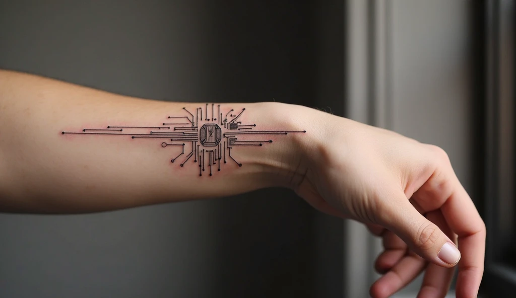 A futuristic circuit line tattoo symbolizing connection and energy, modern small meaningful tattoos idea.