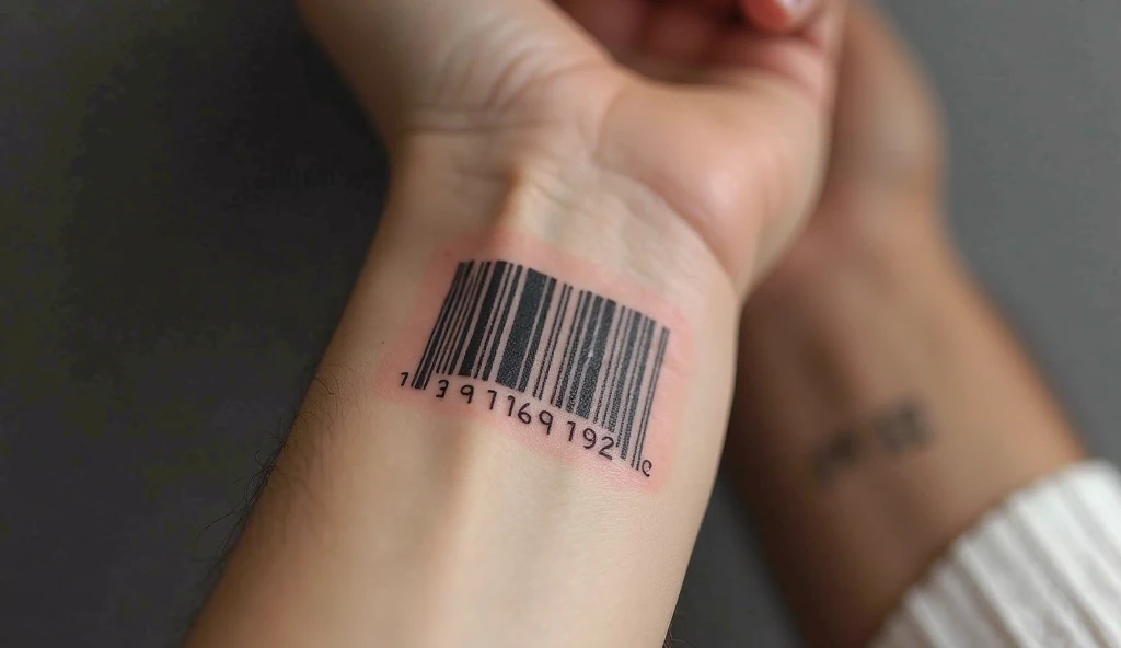 A barcode tattoo with a unique number, symbolizing individuality, a trendy small meaningful tattoo design.