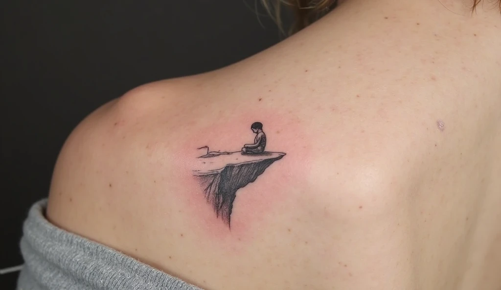 Cliff edge tattoo with a sitting figure symbolizing reflection, a peaceful small meaningful tattoo.