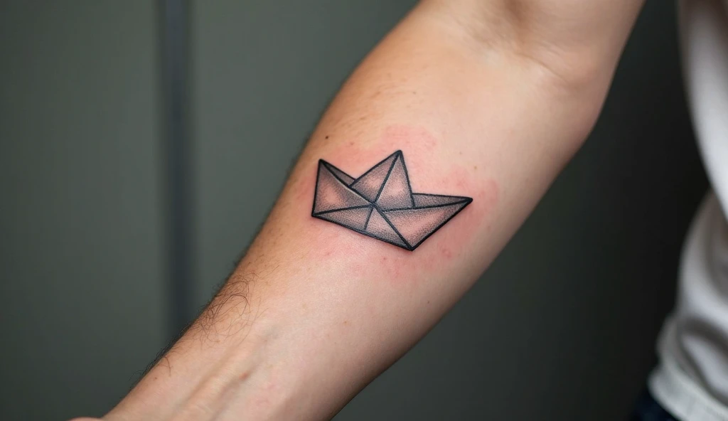 Minimal origami boat tattoo symbolizing journeys and hope, a cute and meaningful small tattoo design.