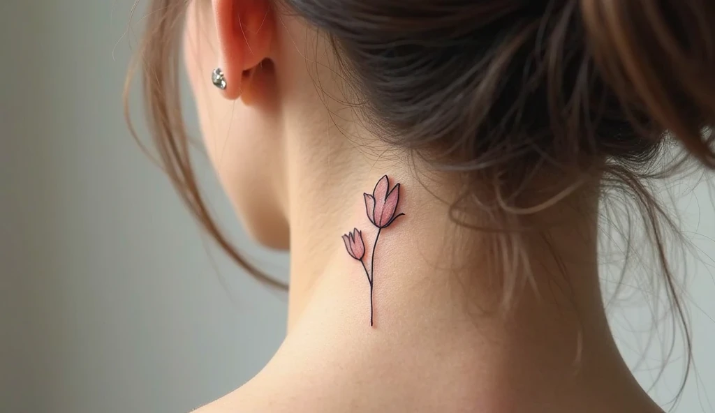Minimalist tulip fine line tattoo behind the ear, representing new beginnings.