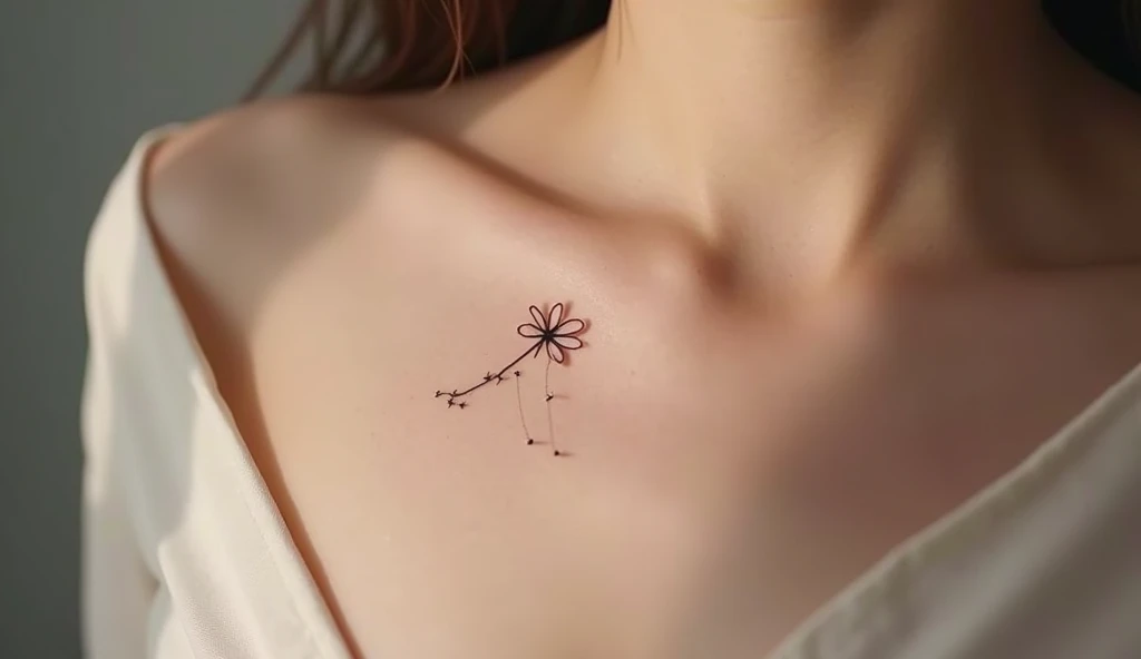 Delicate constellation with flower fine line tattoo design for women.
